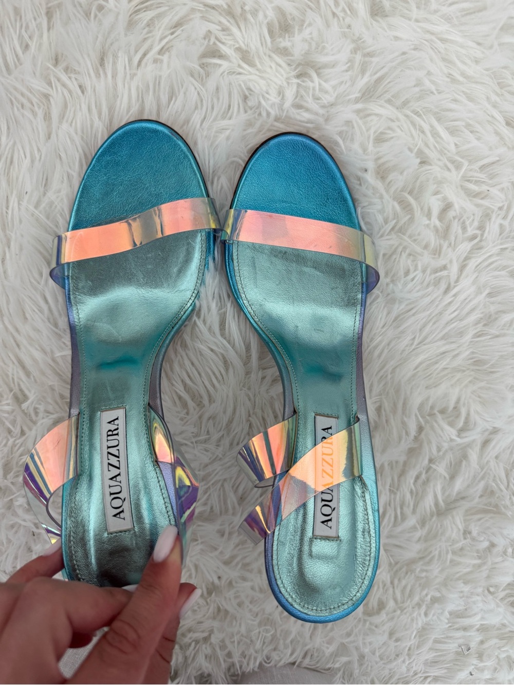 Aquazzura Iridescent Teal Slide Sandals with Holographic Straps